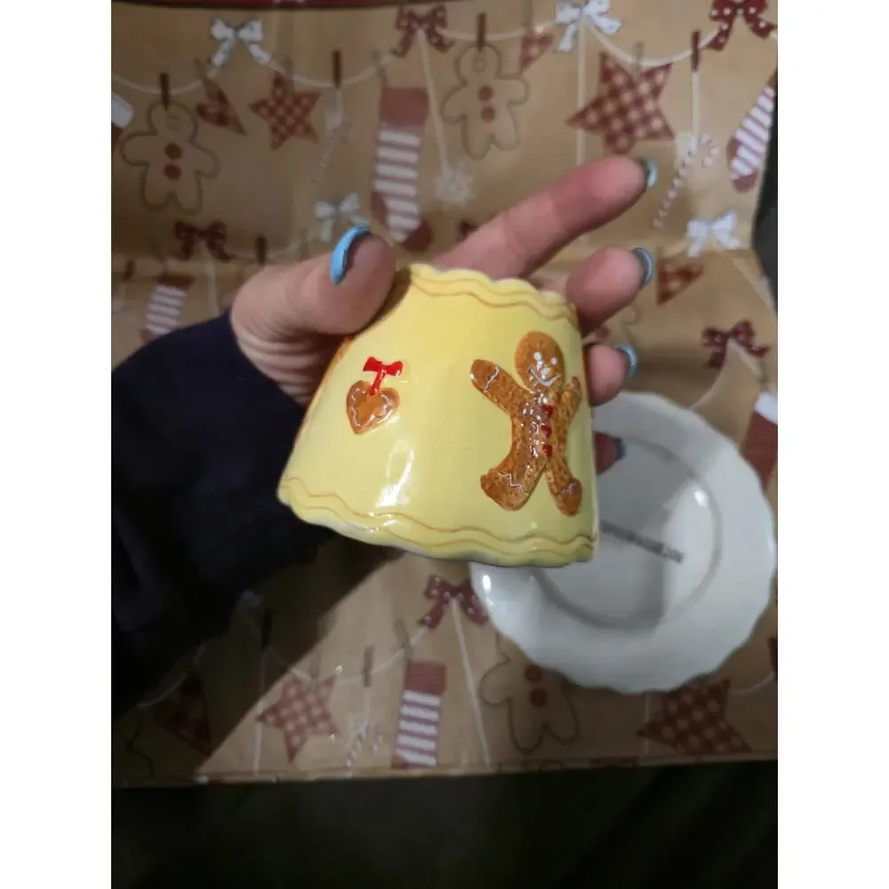 Cute! Vintage Gingerbread Ceramic Candle Holder w Drip Plate Christmas Decor